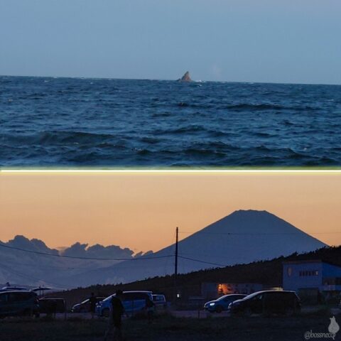 エボシ岩と夕焼けと富士山